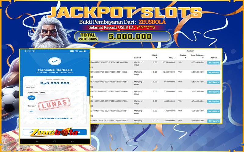 Bukti Kemenangan Member Setia Kami Y*N**Z**S Sebesar Rp 5.000.000 di Permainan Mahjong Ways