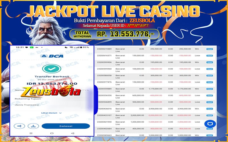 Bukti Kemenangan Member Setia Kami A***A**A9*7 Sebesar Rp 13.553.776 di Permainan CASINO