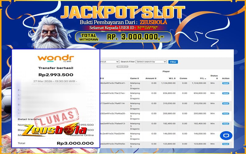 Bukti Kemenangan Member Setia Kami M**DA**R* Sebesar Rp 3.000.000 di Permainan Mahjong 5 Dragons