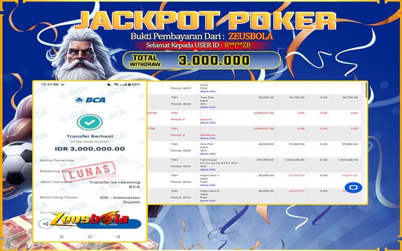 Bukti Kemenangan Member Setia Kami R**I**ZB Sebesar Rp 3.000.000 di Permainan IDN Poker
