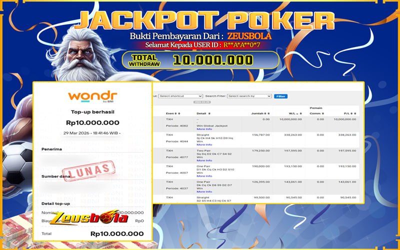 Bukti Kemenangan Member Setia Kami R**A*A**0*7 Sebesar Rp 10.000.000 di Permainan IDN Poker