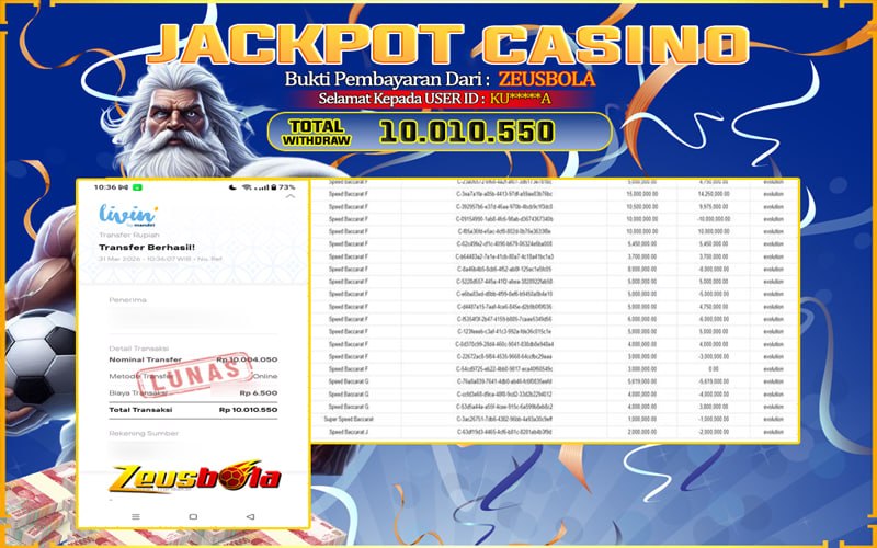 Bukti Kemenangan Member Setia Kami KU*****A Sebesar Rp 10.010.550 di Permainan Live Casino & Slots