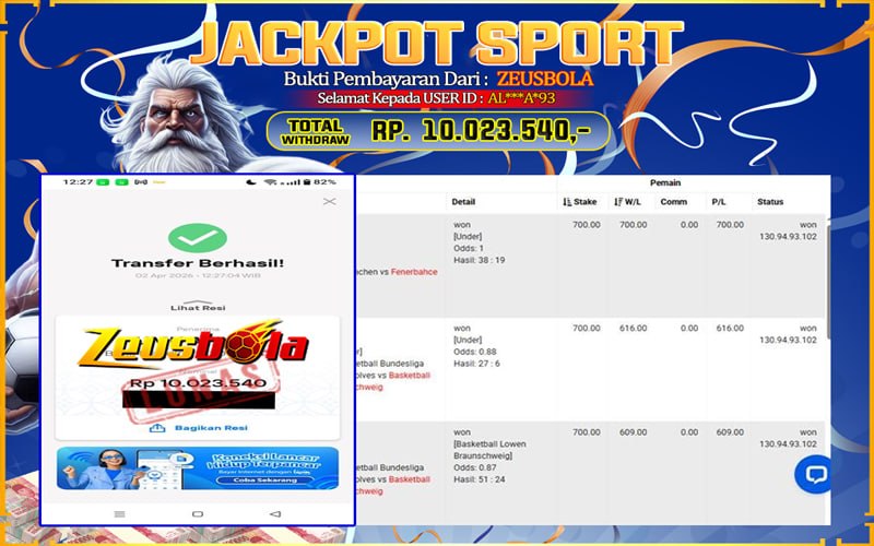 Bukti Kemenangan Member Setia Kami AL***A*93 Sebesar Rp 10.023.540 di Permainan SPORT