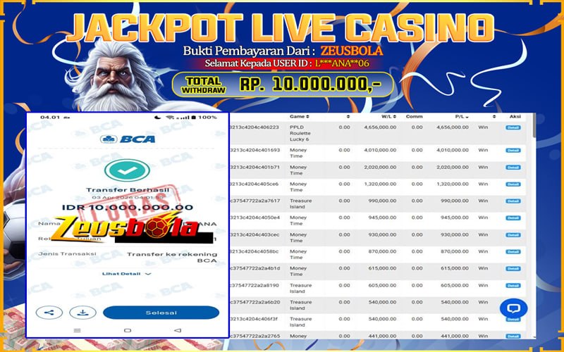 Bukti Kemenangan Member Setia Kami L***ANA**06 Sebesar Rp 10.000.000 di Permainan PP Live Dealer