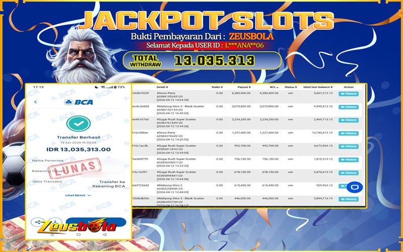 Bukti Kemenangan Member Setia Kami L***ANA**06 Sebesar Rp 13.035.313 di Permainan Snow Party
