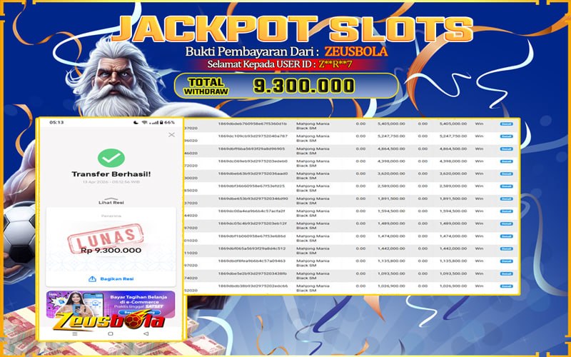 Bukti Kemenangan Member Setia Kami Z**R**7 Sebesar Rp 9.300.000 di Permainan Mahjong Mania Black SM