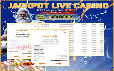 Bukti Kemenangan Member Setia Kami KU*****A Sebesar Rp 50.010.902 di Permainan Live Casino & Slots