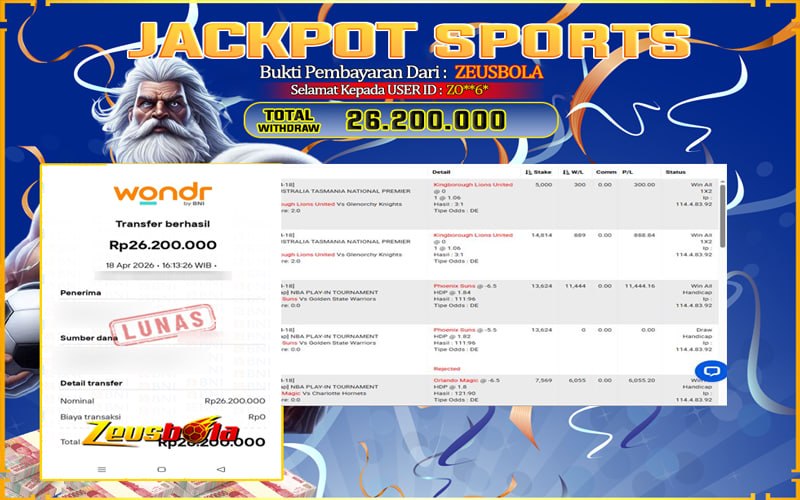 Bukti Kemenangan Member Setia Kami ZO**6* Sebesar Rp 26.200.000 di Permainan CMD Sports