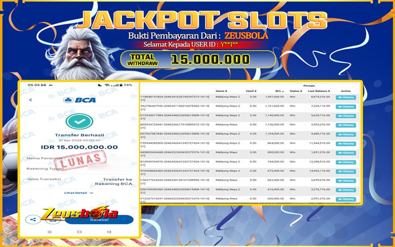 Bukti Kemenangan Member Setia Kami Y**I** Sebesar Rp 15.000.000 di Permainan Mahjong Ways 2
