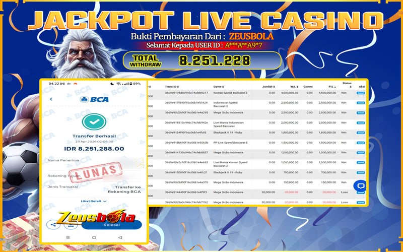 Bukti Kemenangan Member Setia Kami A***A**A9*7 Sebesar Rp 8.251.288 di Permainan Baccarat