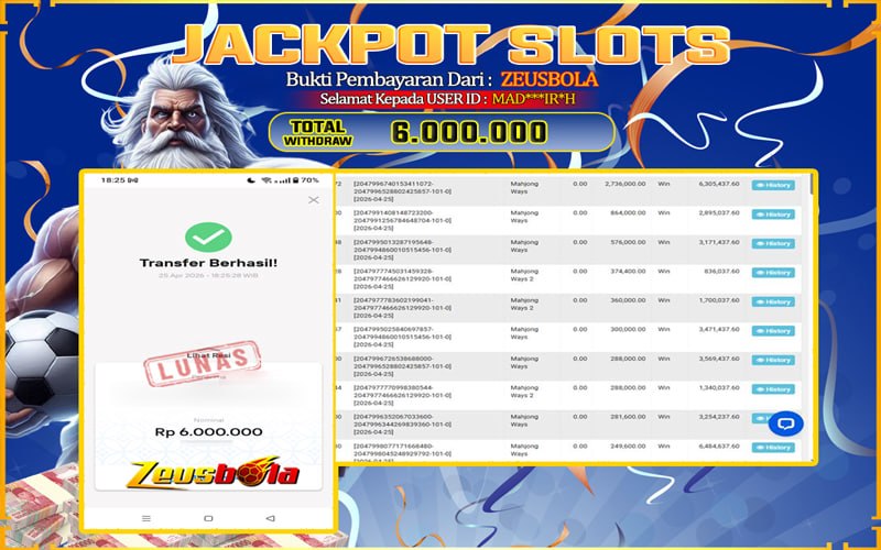 Bukti Kemenangan Member Setia Kami MAD***IR*H Sebesar Rp 6.000.000 di Permainan Mahjong Ways