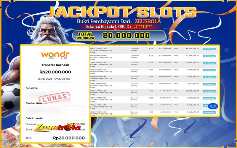 Bukti Kemenangan Member Setia Kami LU***10*** Sebesar Rp 20.000.000 di Permainan Queen of Bounty