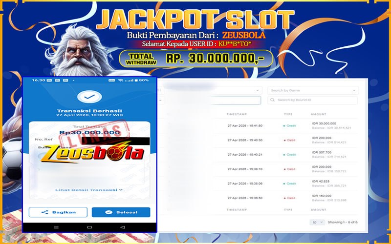 Bukti Kemenangan Member Setia Kami KU**B*TO* Sebesar Rp 30.000.000 di Permainan Gates Of Olympus 1000