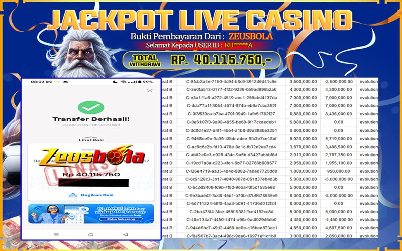 Bukti Kemenangan Member Setia Kami KU*****A Sebesar Rp 40.115.750 di Permainan LIVE CASINO