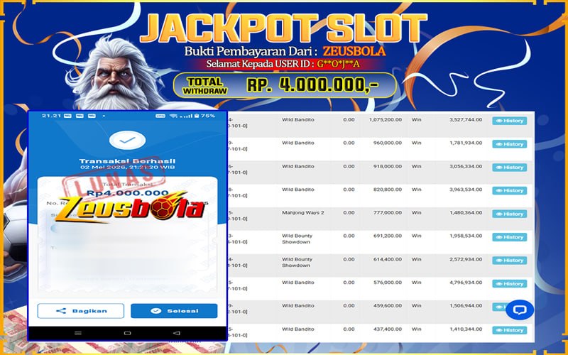 Bukti Kemenangan Member Setia Kami G**O*J**A Sebesar Rp 4.000.000 di Permainan Wild Bandito