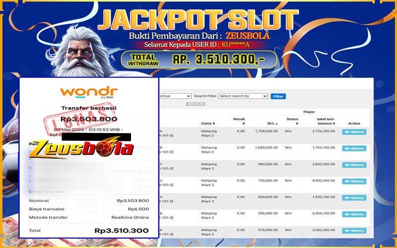 Bukti Kemenangan Member Setia Kami KU*****A Sebesar Rp 3.510.330 di Permainan Mahjong Ways 2