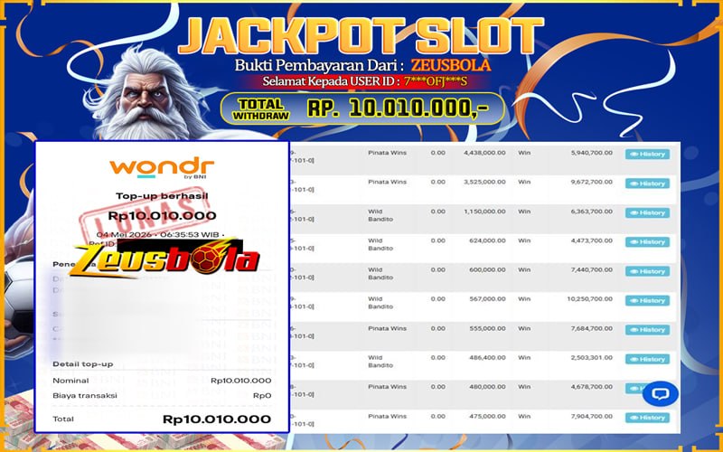 Bukti Kemenangan Member Setia Kami 7***OFJ***S Sebesar Rp 10.010.000 di Permainan Pinata Wins