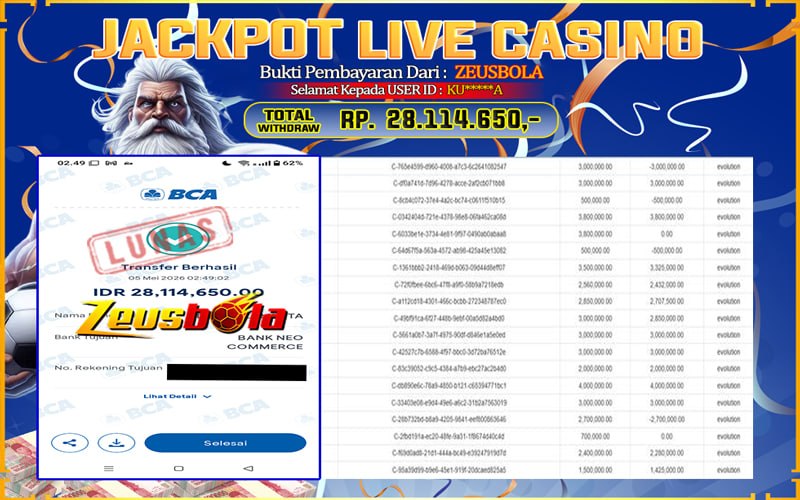 Bukti Kemenangan Member Setia Kami KU*****A Sebesar Rp 28.114.650 di Permainan LIVE CASINO