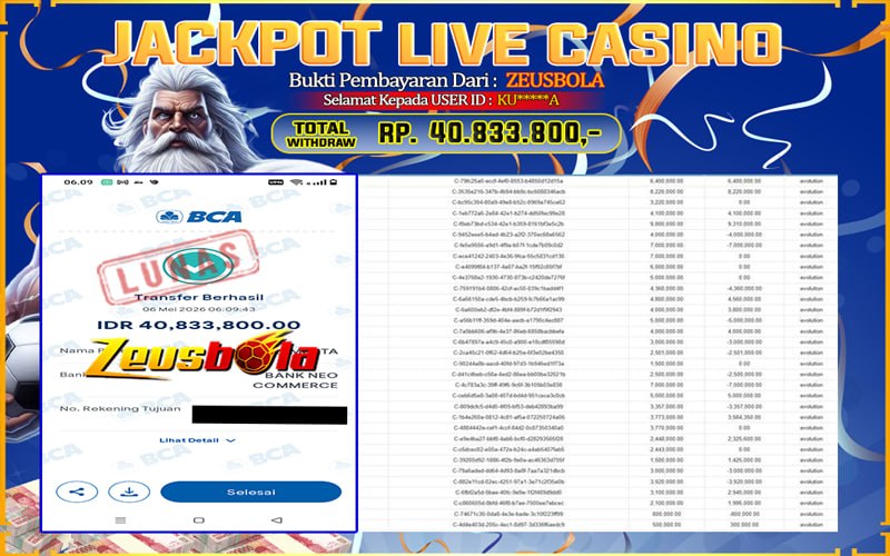 Bukti Kemenangan Member Setia Kami KU*****A Sebesar Rp 40.833.800 di Permainan LIVE CASINO