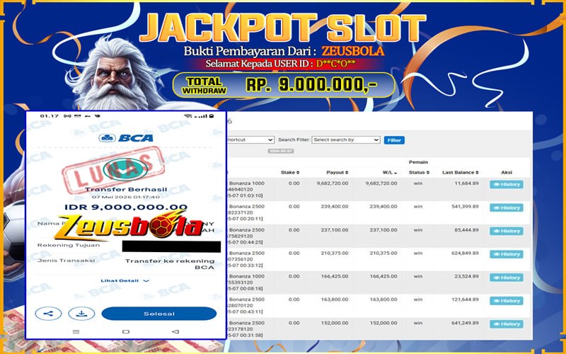 Bukti Kemenangan Member Setia Kami D**C*O** Sebesar Rp 9.000.000 di Permainan Sweet Bonanza 1000
