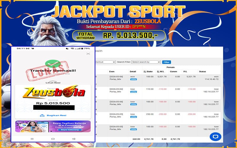 Bukti Kemenangan Member Setia Kami D*P**N Sebesar Rp 5.013.500 di Permainan Saba Sports