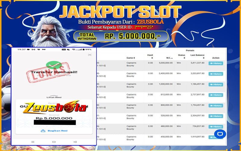 Bukti Kemenangan Member Setia Kami J***P**25* Sebesar Rp 5.000.000 di Permainan Captain’s Bounty