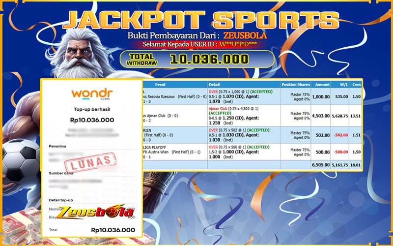Bukti Kemenangan Member Setia Kami W**U*I*D*** Sebesar Rp 10.036.000 di Permainan UBO Sports