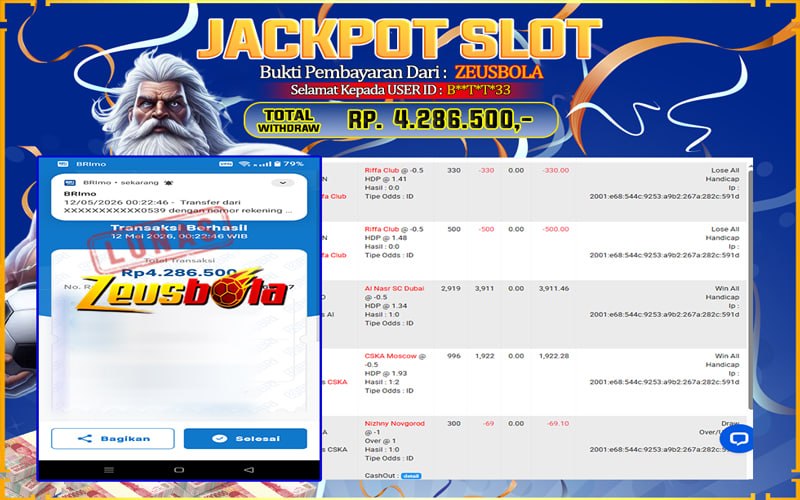 Bukti Kemenangan Member Setia Kami B**T*T*33 Sebesar Rp 4.286.500 di Permainan CMD Sports
