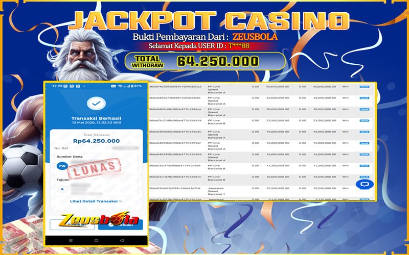 Bukti Kemenangan Member Setia Kami T***88 Sebesar Rp 64.250.000 di Permainan PP Live Dealer