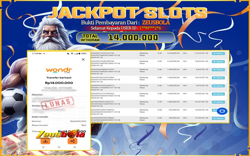 Bukti Kemenangan Member Setia Kami L**M***2*6 Sebesar Rp 14.000.000 di Permainan Mahjong Ways