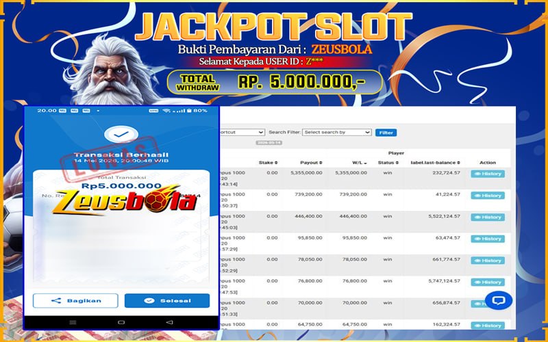 Bukti Kemenangan Member Setia Kami Z*** Sebesar Rp 5.000.000 di Permainan Gates of Olympus 1000