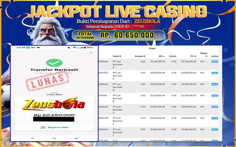 Bukti Kemenangan Member Setia Kami T***88 Sebesar Rp 60.650.000 di Permainan PP Live Dealer