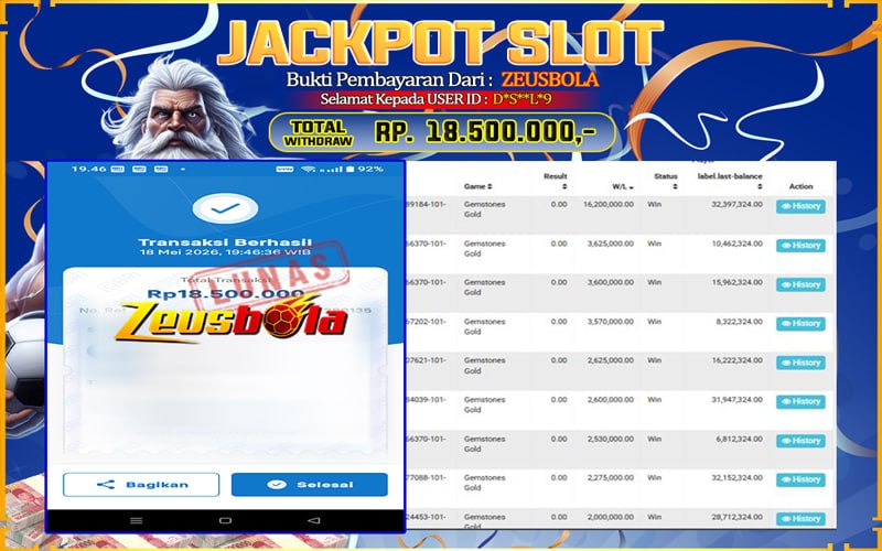 Bukti Kemenangan Member Setia Kami D*S**L*9 Sebesar Rp 18.500.000 di Permainan PG