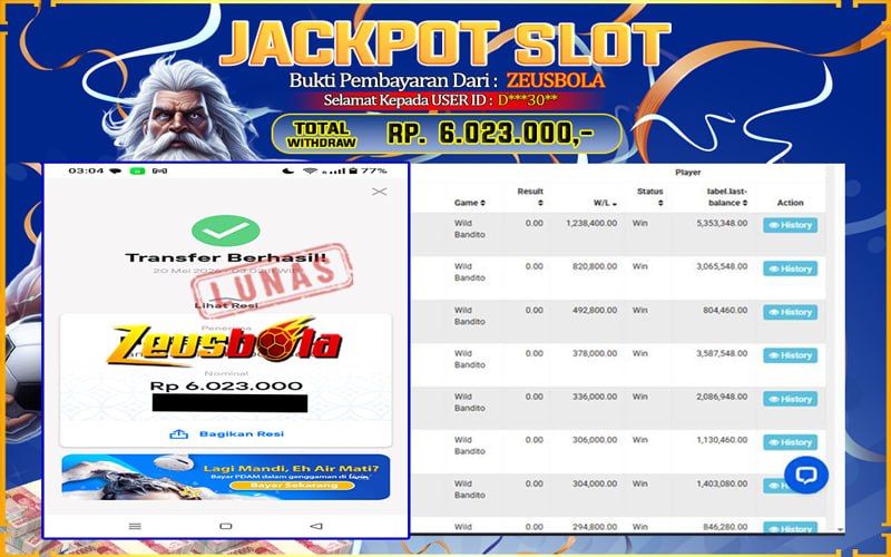 Bukti Kemenangan Member Setia Kami D***30** Sebesar Rp 6.023.000 di Permainan PG
