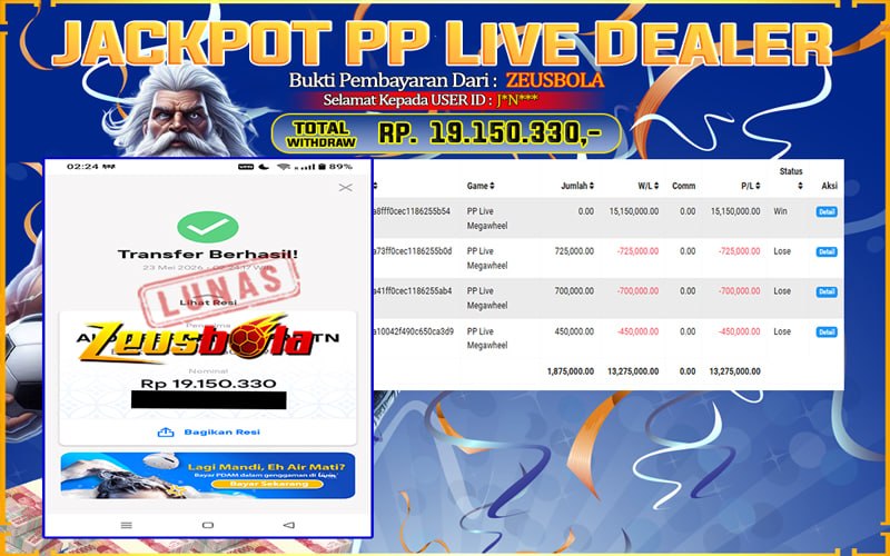 Bukti Kemenangan Member Setia Kami J*N*** Sebesar Rp 19.150.330 di Permainan PP Live Dealer