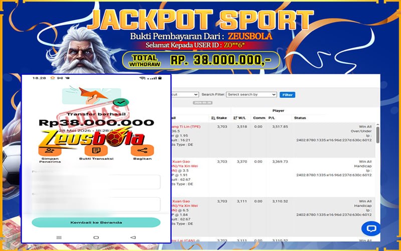 Bukti Kemenangan Member Setia Kami ZO**6* Sebesar Rp 38.000.000 di Permainan CMD Sports