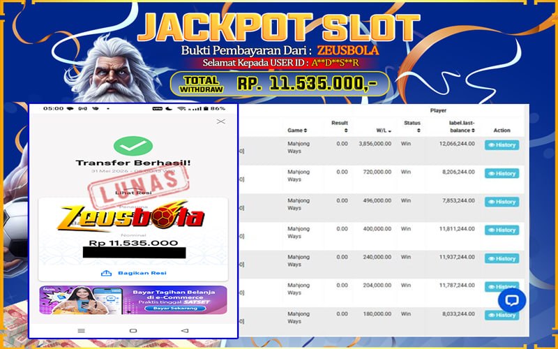 Bukti Kemenangan Member Setia Kami A**D**S**R Sebesar Rp 11.535.000 di Permainan Mahjong Ways