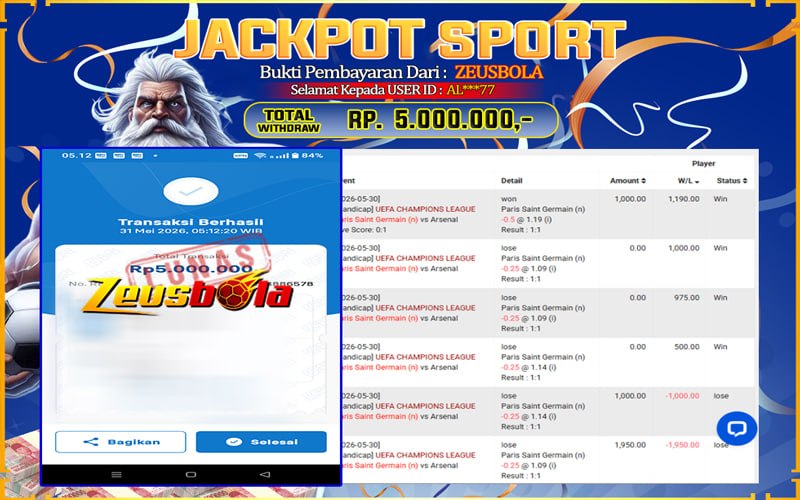 Bukti Kemenangan Member Setia Kami AL***77 Sebesar Rp 5.000.000 di Permainan SBO Sport Seamless