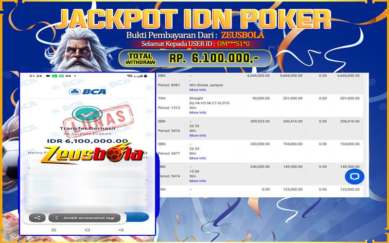 Bukti Kemenangan Member Setia Kami OM***S1*0 Sebesar Rp 6.100.000 di Permainan IDNPoker