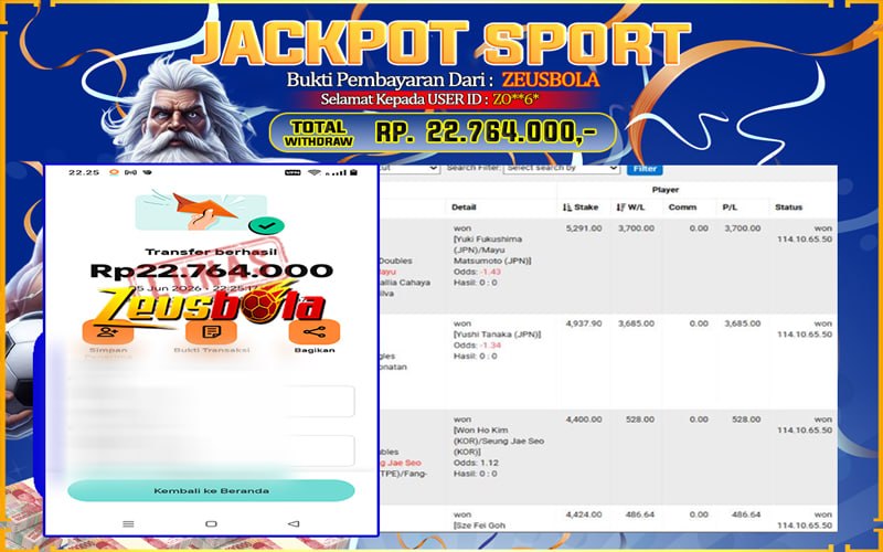Bukti Kemenangan Member Setia Kami ZO**6* Sebesar Rp 22.764.000 di Permainan Saba Sports