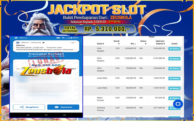 Bukti Kemenangan Member Setia Kami Z***R*H Sebesar Rp 5.310.000 di Permainan PG