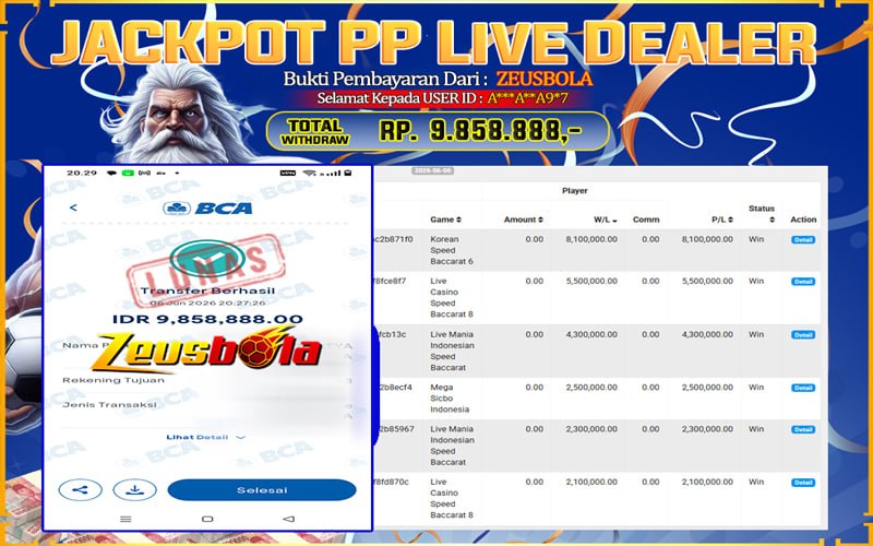 Bukti Kemenangan Member Setia Kami A***A**A9*7 Sebesar Rp 9.858.888 di Permainan PP Live Dealer