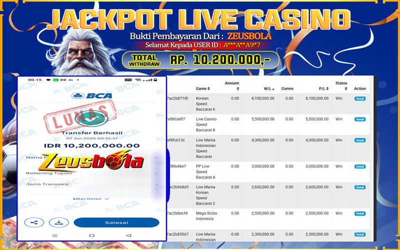 Bukti Kemenangan Member Setia Kami A***A**A9*7 Sebesar Rp 10.200.000 di Permainan PP Live Dealer