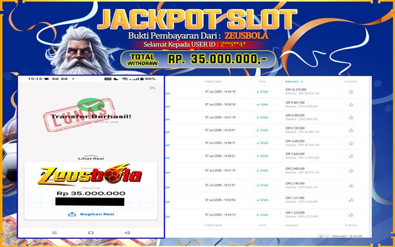 Bukti Kemenangan Member Setia Kami Z**S**4* Sebesar Rp 35.000.000 di Permainan Gates Of Olympus 1000