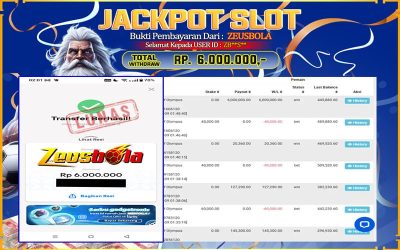 Bukti Kemenangan Member Setia Kami ZB**S** Sebesar Rp 6.000.000 di Permainan Gates of Olympus 1000