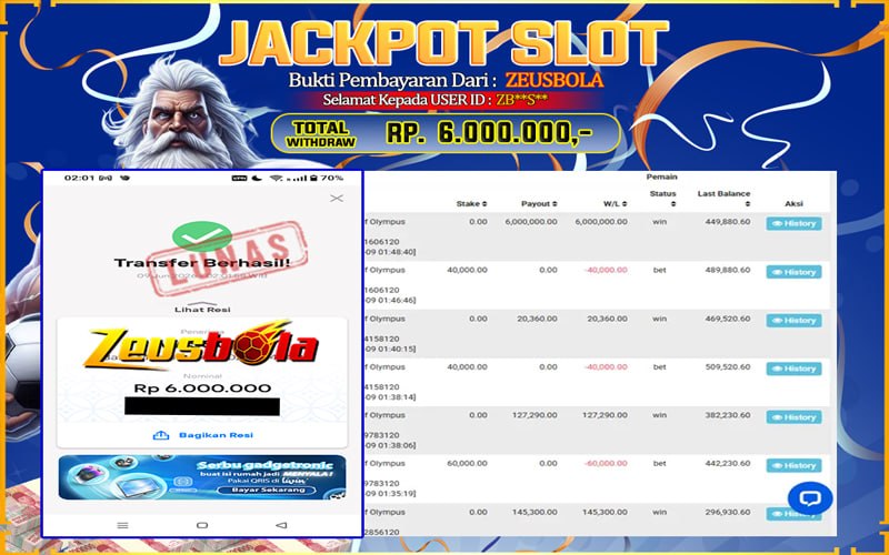 Bukti Kemenangan Member Setia Kami ZB**S** Sebesar Rp 6.000.000 di Permainan Gates of Olympus 1000