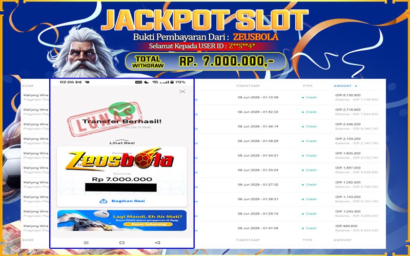 Bukti Kemenangan Member Setia Kami Z**S**4* Sebesar Rp 7.000.000 di Permainan Mahjong Wins 2