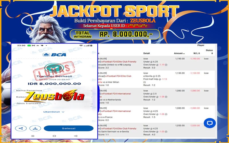 Bukti Kemenangan Member Setia Kami c**d**ca**e Sebesar Rp 8.000.000 di Permainan SBO Sport Seamless