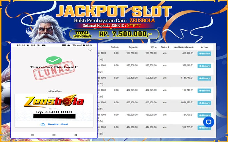Bukti Kemenangan Member Setia Kami Z**R**7 Sebesar Rp 7.500.000 di Permainan Pragmatic Direct 6