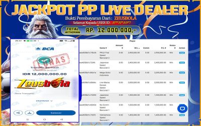 Bukti Kemenangan Member Setia Kami A***A**A9*7 Sebesar Rp 12.000.000 di Permainan PP Live Dealer